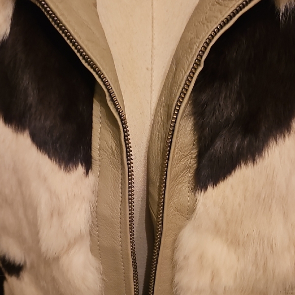 XOXO Women's Brown and Cream Patchwork Rabbit Fur And Leather Bomber Jacket - Picture 7 of 10